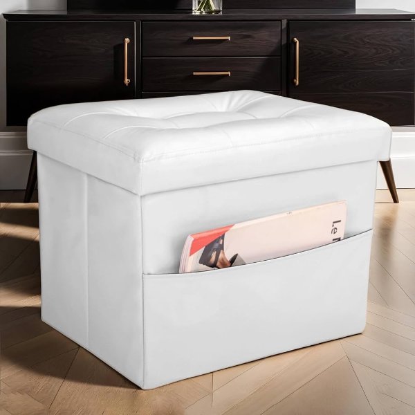 Docvania 17”Storage Ottoman Folding Footstool with Side Pocket Leather Storage Foot Rest Stool