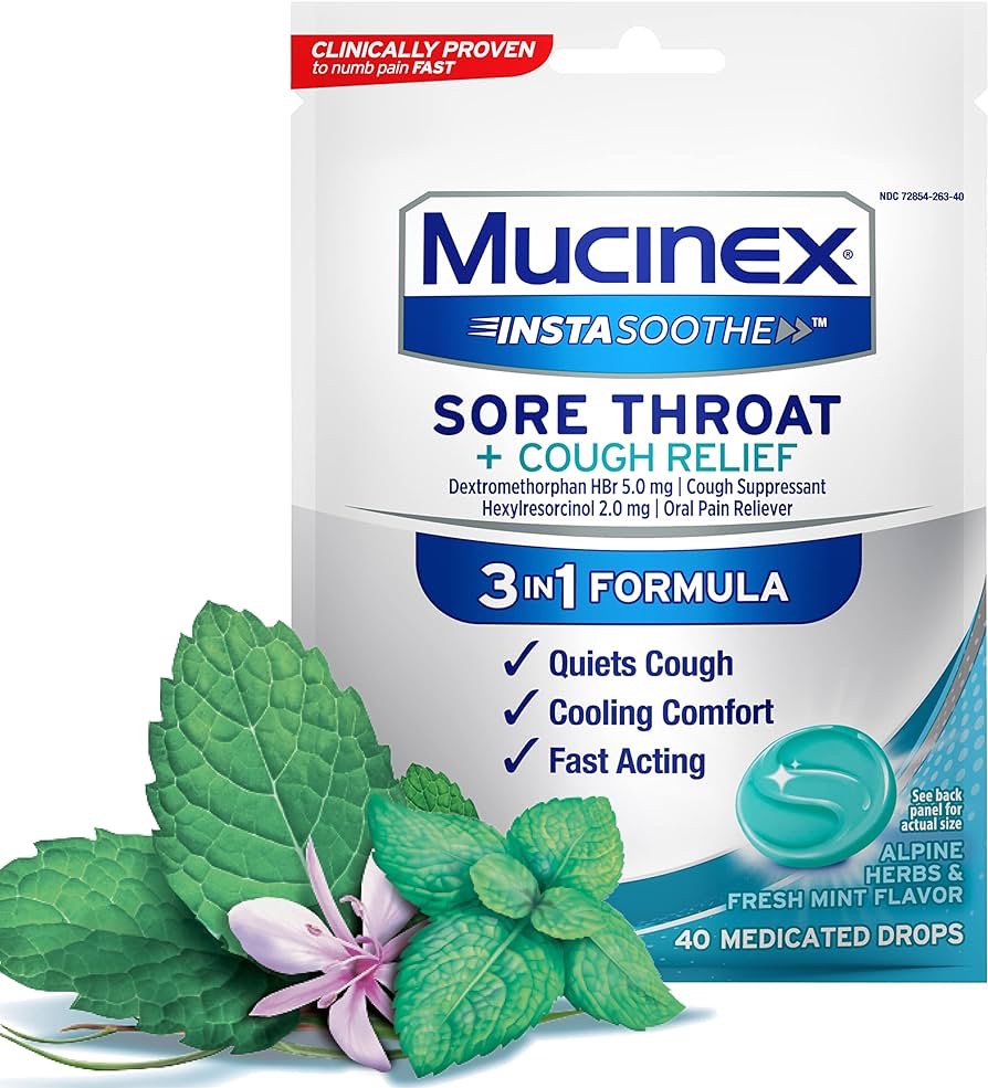 Amazon.com: Mucinex InstaSoothe Sore Throat + Cough Relief Alpine Herbs & Mint Flavor, Fast Acting, Cooling Comfort, Powerful Sore Throat Oral Pain Reliever, 40 Medicated Drops : Health & Household 喉糖