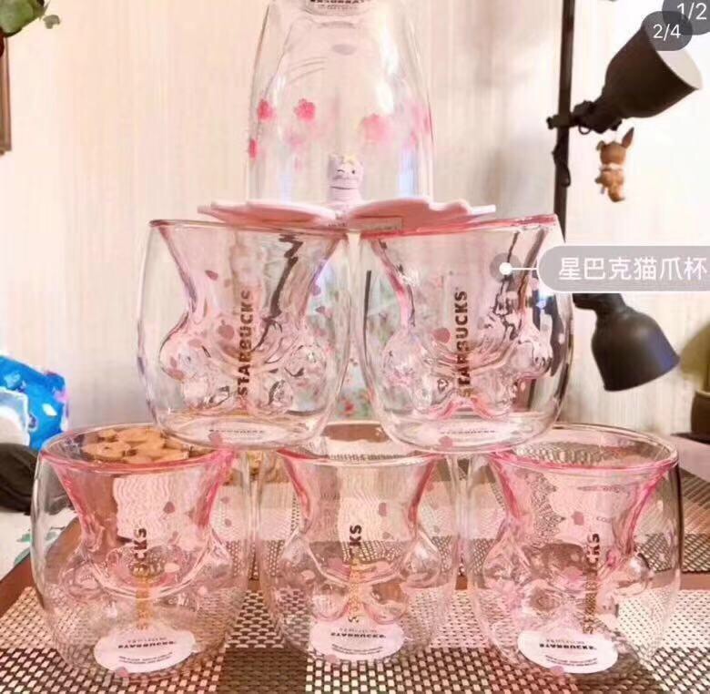 【星巴克】 樱花系列 款猫爪 双层玻璃杯 限量50个 – 美国周黑鸭零食网