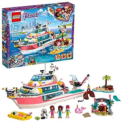 乐高LEGO Friends Rescue Mission Boat 41381 Toy Boat Building Kit with Mini Dolls and Toy Sea Creatures, Rescue Playset includes Narwhal Figure, Treasure Box and more for Creative Play (908 Pieces)