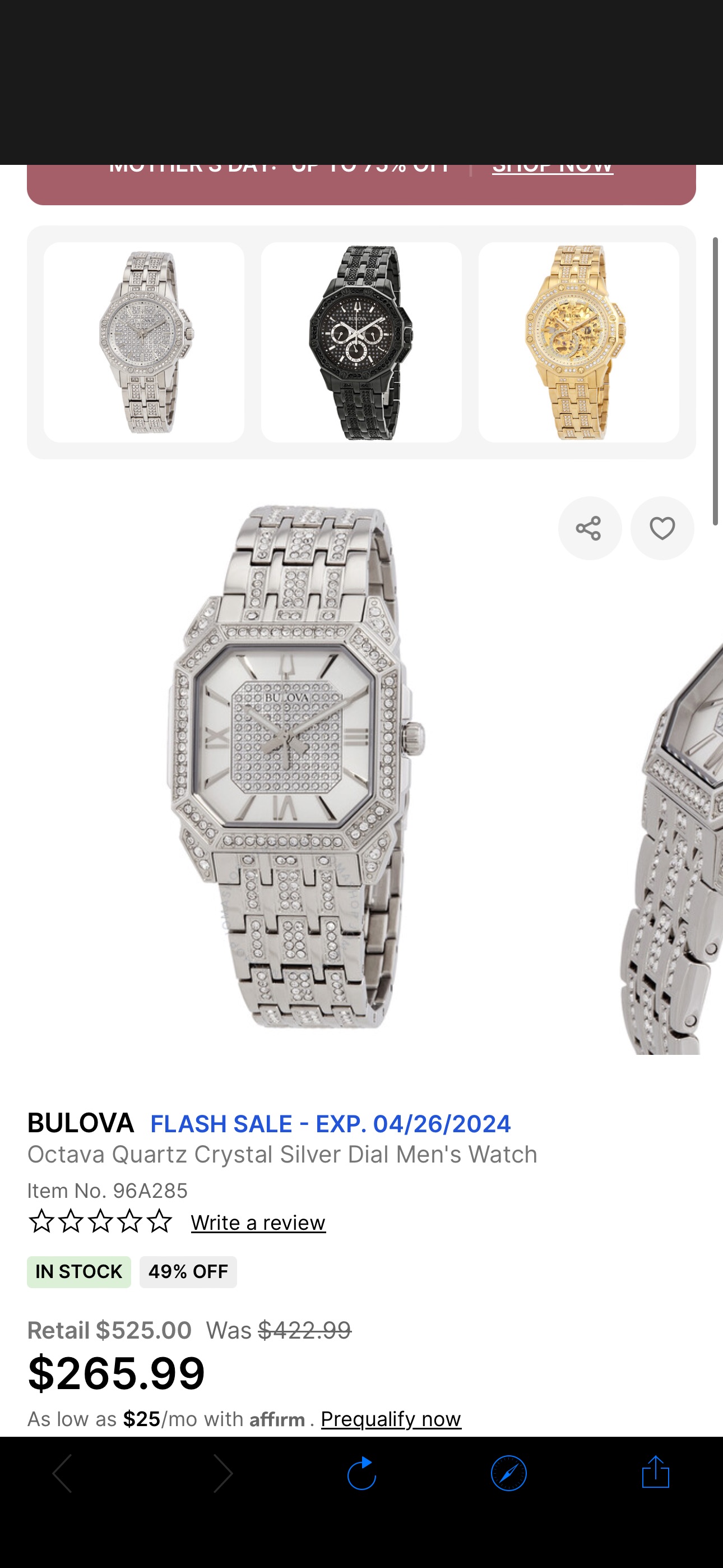 Bulova Octava Quartz Crystal Silver Dial Men's Watch 96A285 042429590939 - Watches, Octava - Jomashop