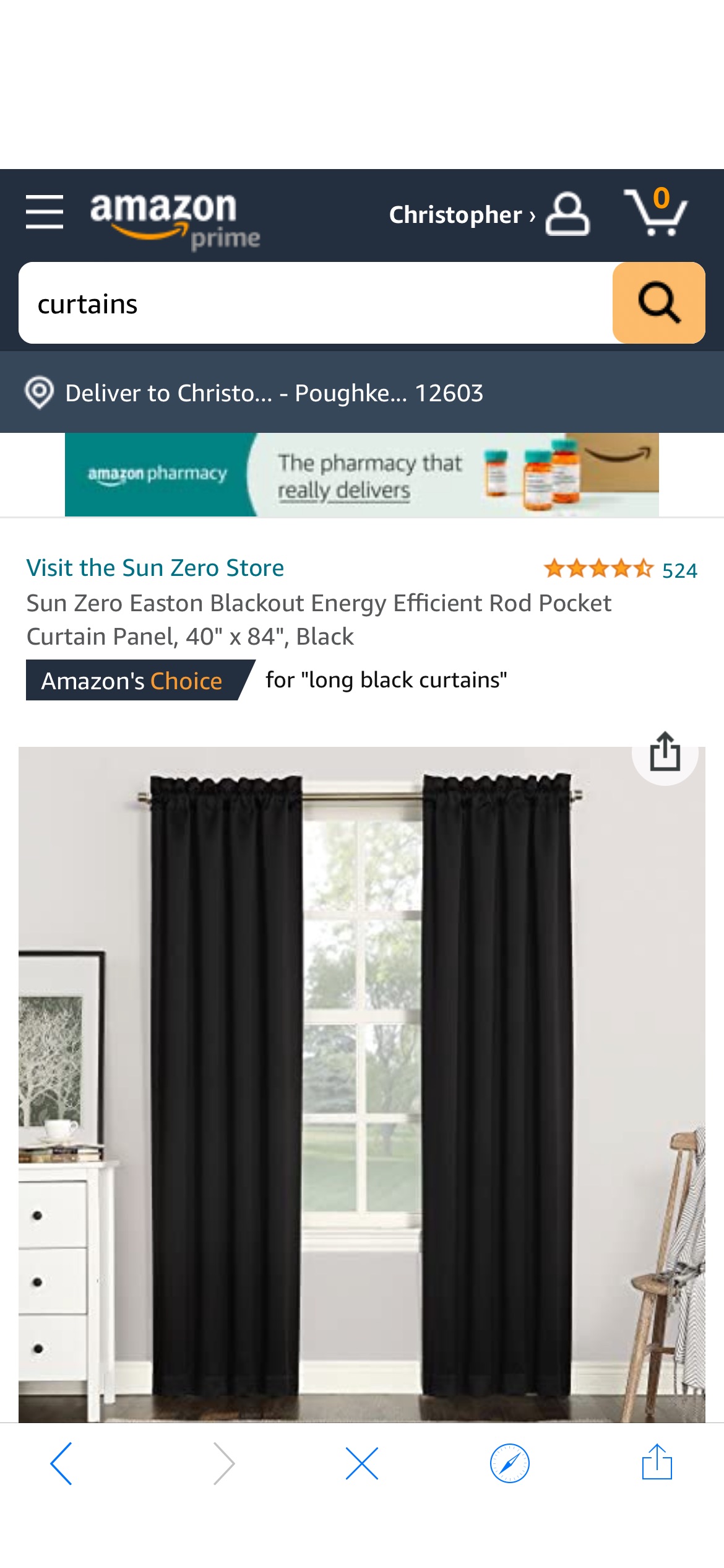 Amazon.com: Sun Zero Easton Blackout Energy Efficient Rod Pocket Curtain Panel, 40" x 84", Black : Home & Kitchen窗帘