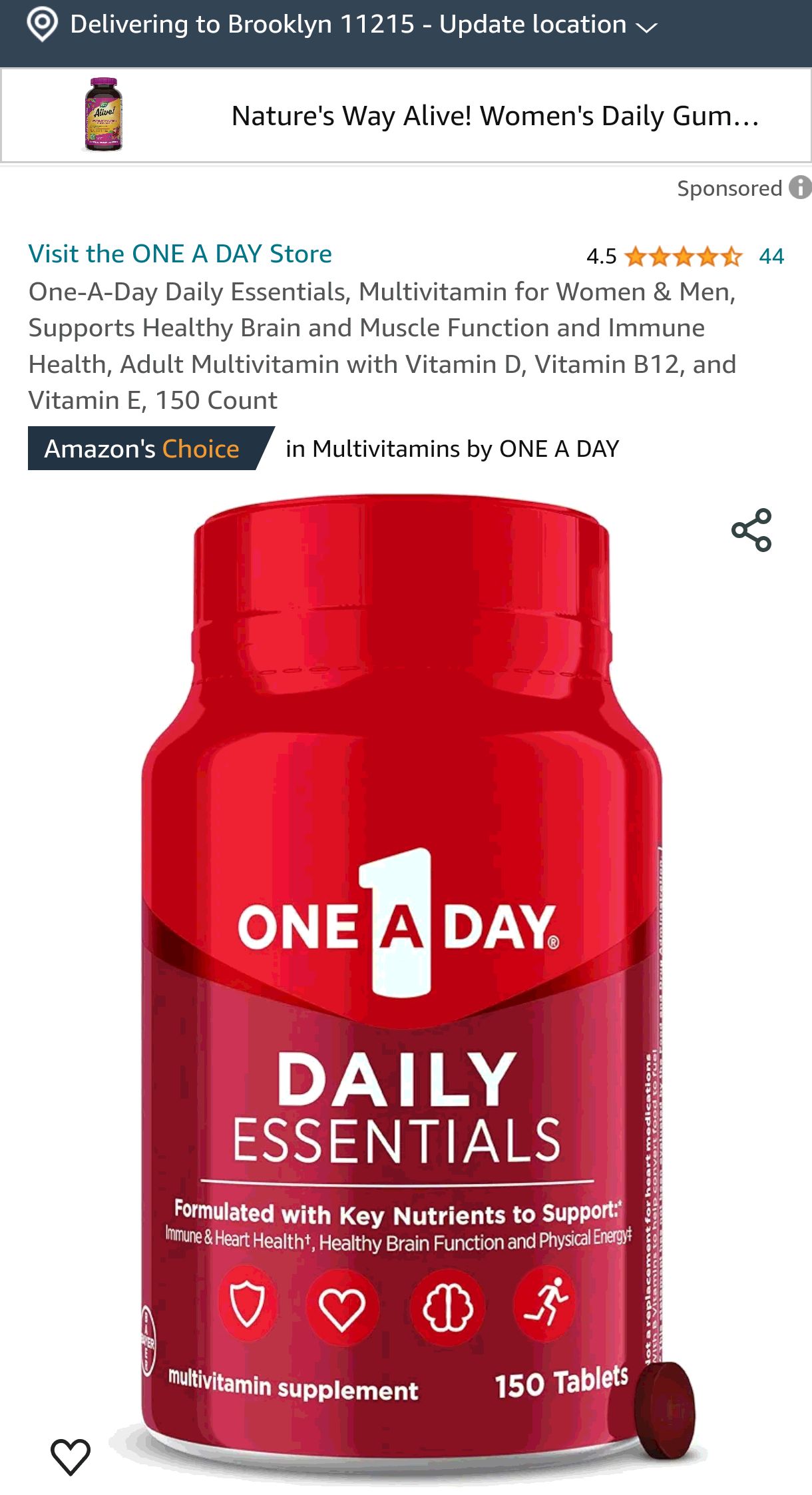 One-A-Day Daily Essentials, Multivitamin for Women & Men, Supports Healthy Brain and Muscle Function and Immune Health, Adult Multivitamin with Vitamin D, Vitamin B12, and Vitamin E, 150 Count​ : Heal