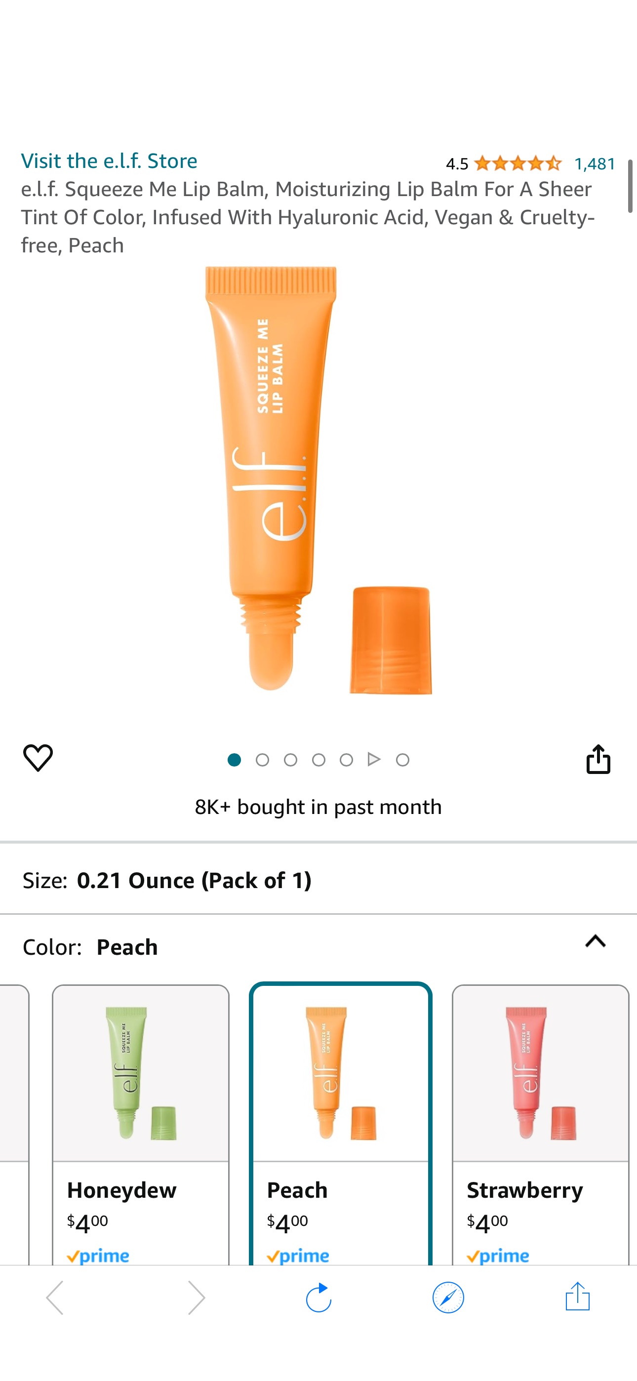 Amazon.com : e.l.f. Squeeze Me Lip Balm, Moisturizing Lip Balm For A Sheer Tint Of Color, Infused With Hyaluronic Acid, Vegan & Cruelty-free, Peach : Beauty & Personal Care