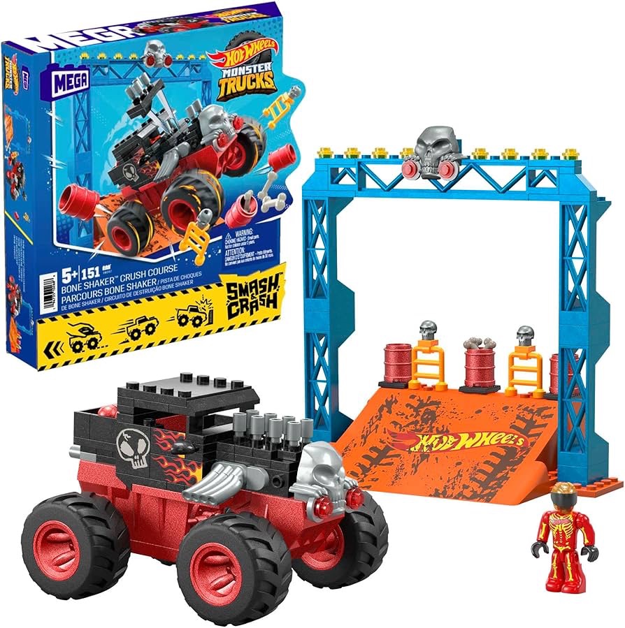 Amazon.com: MEGA Hot Wheels Monster Trucks Building Toy, Smash & Crash Bone Shaker Crush Course with 151 Pieces, 1 Figure and 1 Ramp, Red, Kids Age 5+ Years : Toys & Games