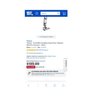 $199 史低价!Tineco iFLOOR3 Cordless Hard Floor Cleaner Wet Dry Vacuum Silver iFLOOR3 - Best Buy