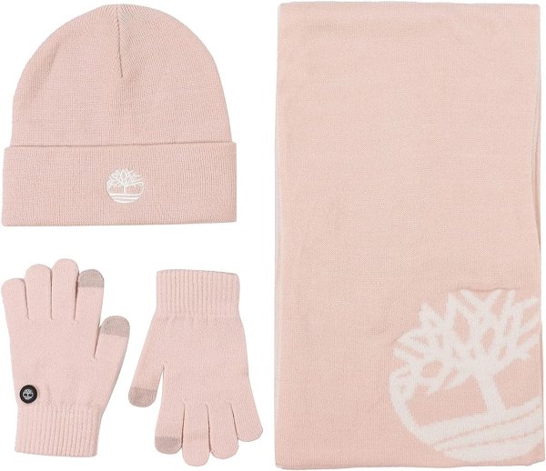 Double Layer Scarf Cuffed Beanie & Magic Glove Gift Set, Cameo Rose, One Size