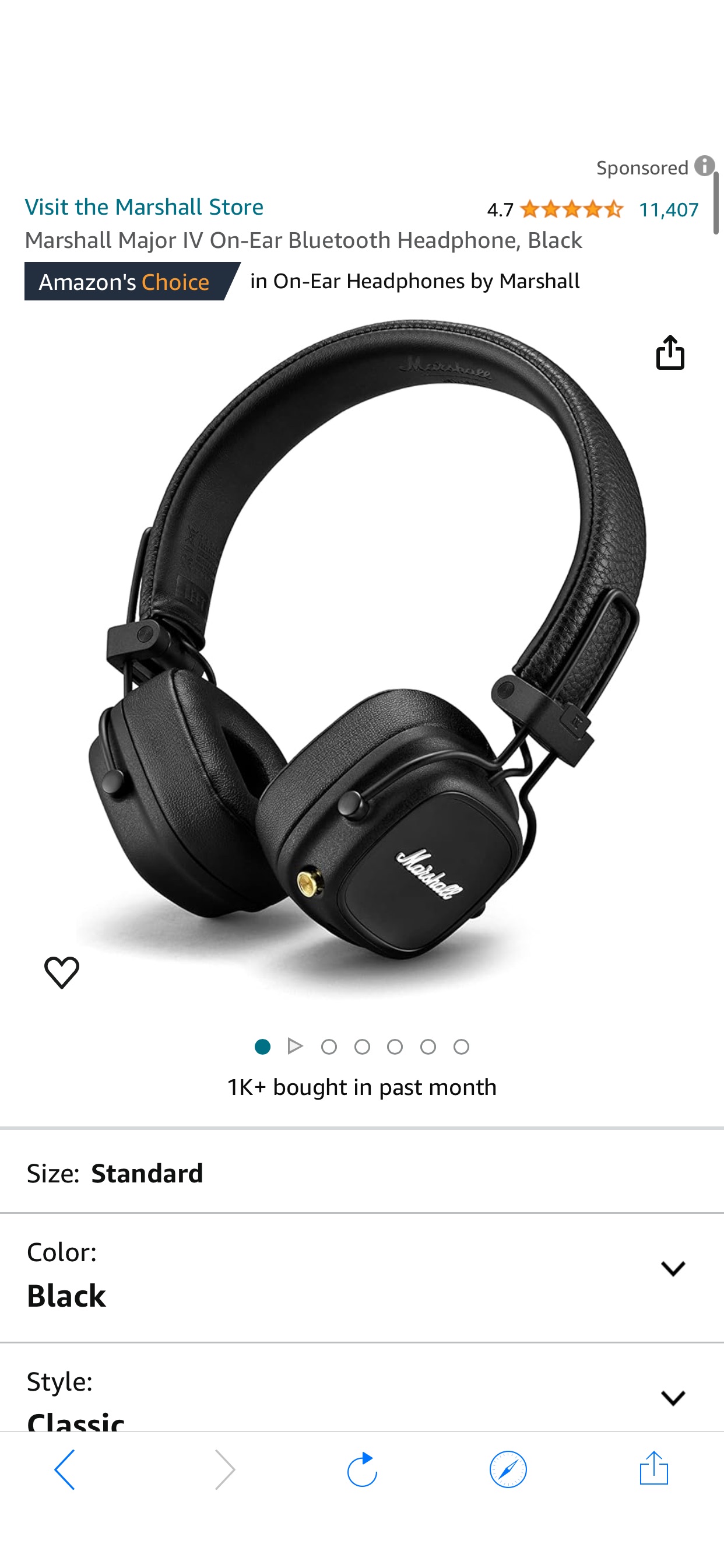 Amazon.com: Marshall Major IV On-Ear Bluetooth Headphone, Black : Musical Instruments 头戴耳机