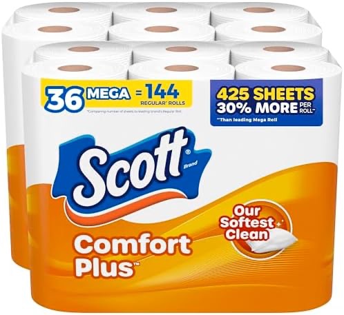 Amazon.com: Scott ComfortPlus Toilet Paper, 36 Mega Rolls (2 Packs of 18), 425 Sheets per Roll, Septic-Safe, 1-Ply Toilet Tissue : Health & Household 卫生纸