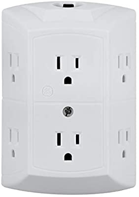 GE 6-Outlet Wall Tap, Reset Button, Circuit Breaker, Power Outlet Extender, 墙插 Adapter Spaced Outlets, 3 Prong Plug, Grounded, UL Listed, White, 56575