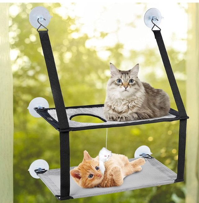 Cat Hammock, Double-Layered Cat Window Perch with Mouse Toy for Indoor Cats, Space Saving Windows Seat Mounted Kitty Bed with 6 Strong Suction Cups Holds Up to 22 lbs, Grey : Pet Supplies