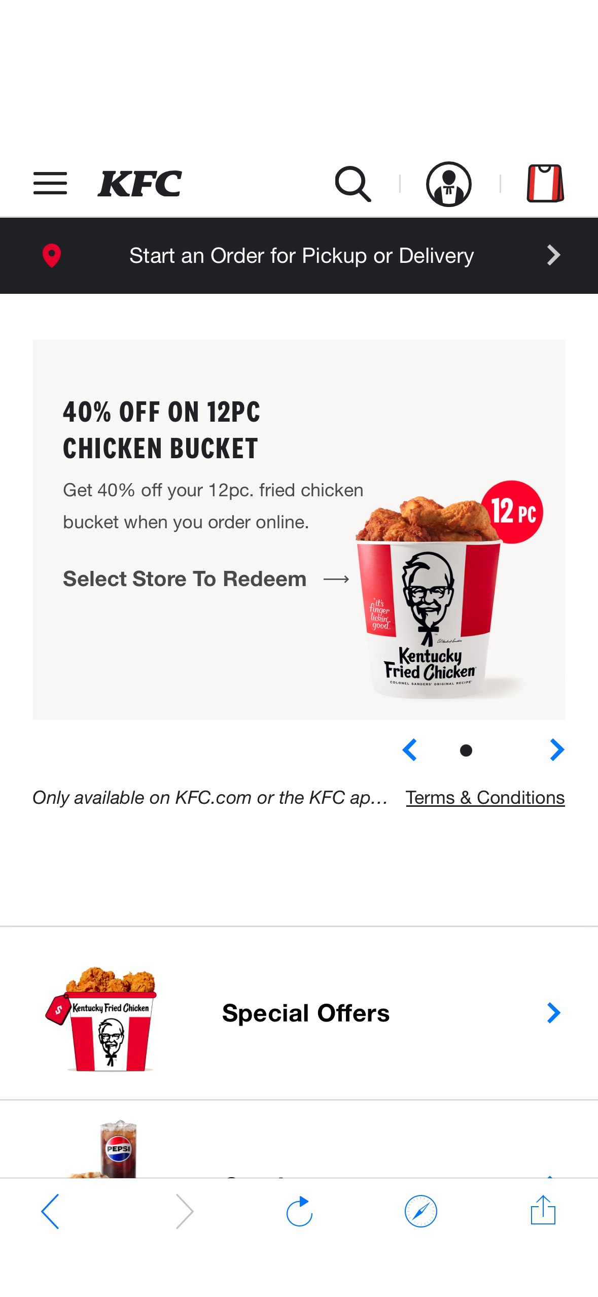 KFC Get 40% Off A 12 PC. Chicken Bucket! with a mix of drumsticks, thighs, breasts, and wings in Original Recipe or Extra Crispy. Use the KFC app or website to order, it’s a limited-time deal at selec