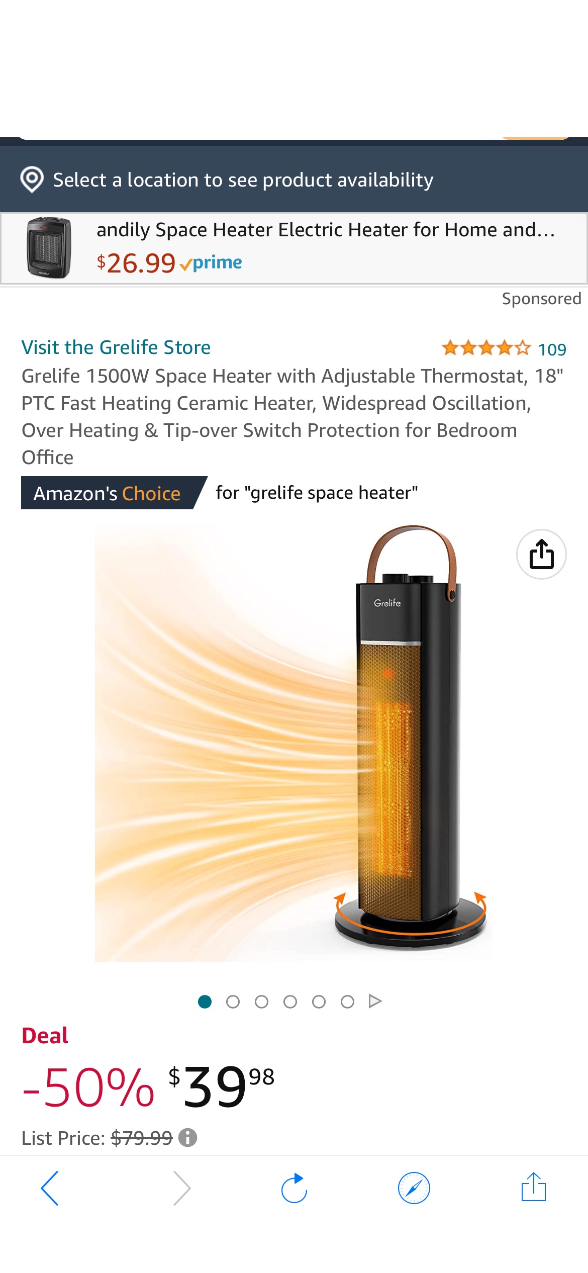 暖风机Grelife 1500W Space Heater with Adjustable Thermostat, 18" PTC