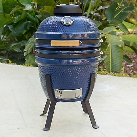 Lifesmart Deen Brothers Series 15" Blue Kamado Ceramic Grill Value Bundle Includes Electric Starter Cooking Stone and Cover