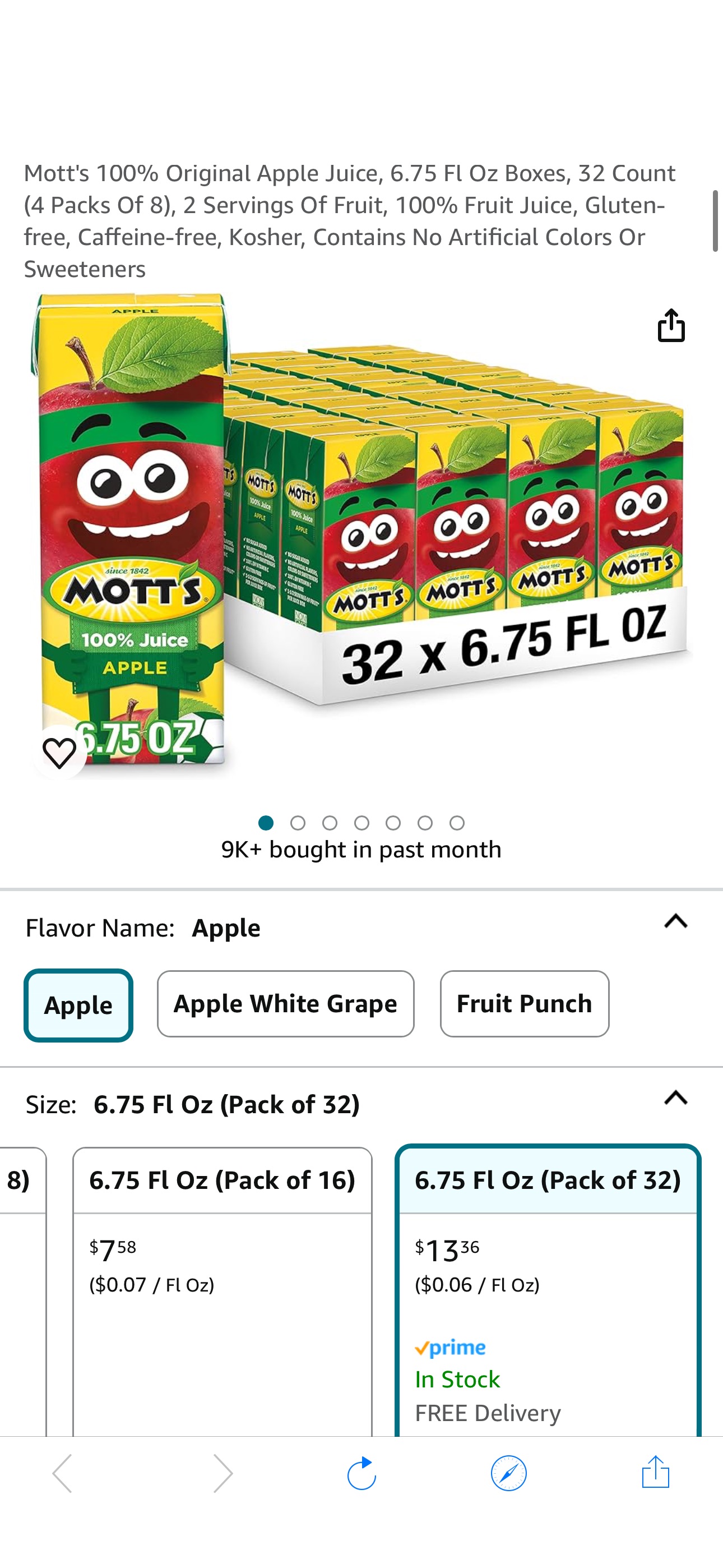 Amazon.com : Mott's 100% Original Apple Juice, 6.75 Fl Oz Boxes, 32 Count (4 Packs Of 8), 2 Servings Of Fruit, 100% Fruit Juice, Gluten-free, Caffeine-free, Kosher, Contains No Artificial Colors Or Sw
