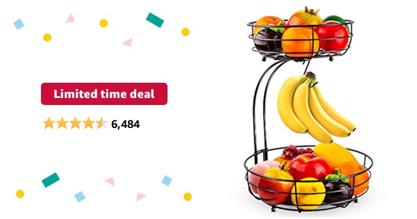 Limited-time deal: Auledio Iron 2-Tier Countertop Fruit Vegetables Basket Bowl Storage With Banana Hanger, Black, 64 ounces
