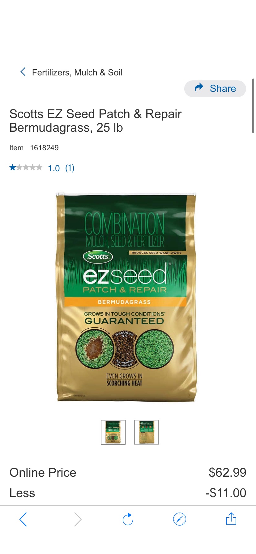 Scotts EZ Seed Patch & Repair Bermudagrass, 25 lb 草种子