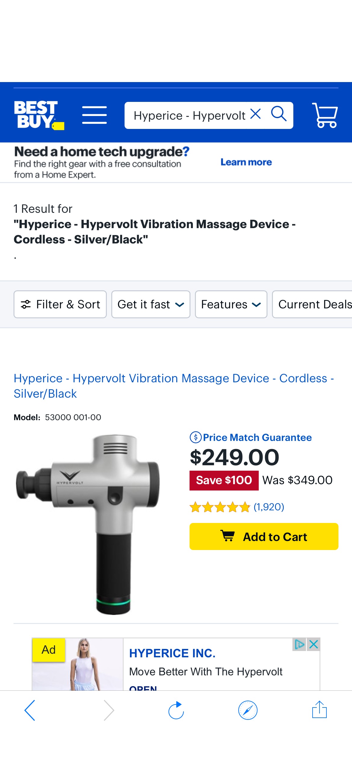 筋膜枪Hyperice - Hypervolt Vibration Massage Device - Cordless - Silver/Black - Best Buy