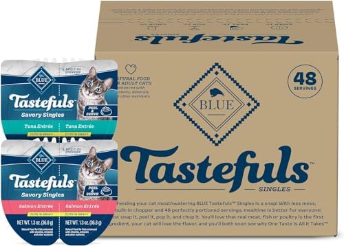 Amazon.com : Blue Buffalo Tastefuls Savory Singles Natural Wet Cat Food Variety Pack, Salmon &amp; Tuna Cuts in Gravy, 2.6-oz. Twin-Pack Trays (24 Count, 12 of Each) : Pet Supplies