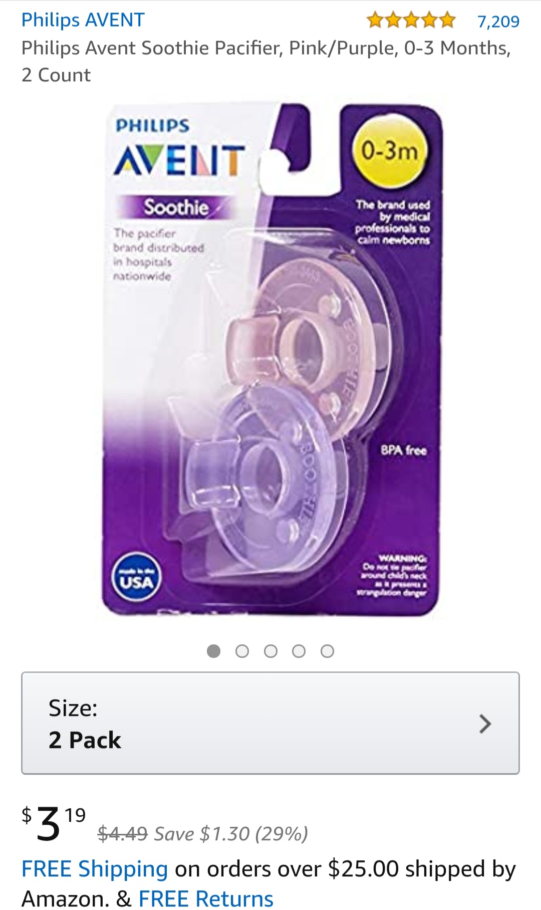 Philips Avent Soothie Pacifier安抚奶嘴, Pink/Purple, 0-3 Months, 2 Count