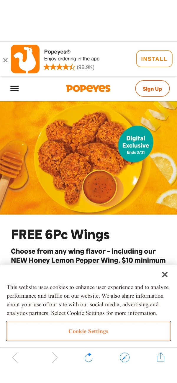 Popeyes上新蜂蜜柠檬胡椒口味鸡翅，订单满$10送6个鸡翅，包括新口味，折扣截止日期3/31