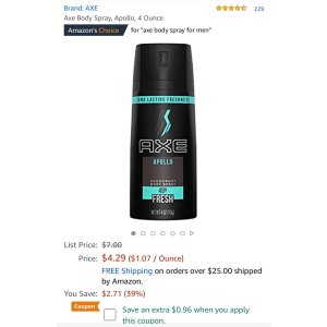 Amazon.com : Axe Body Spray, Apollo, 4 Ounce : Deodorants : Beauty 止汗喷雾额外$0.96off