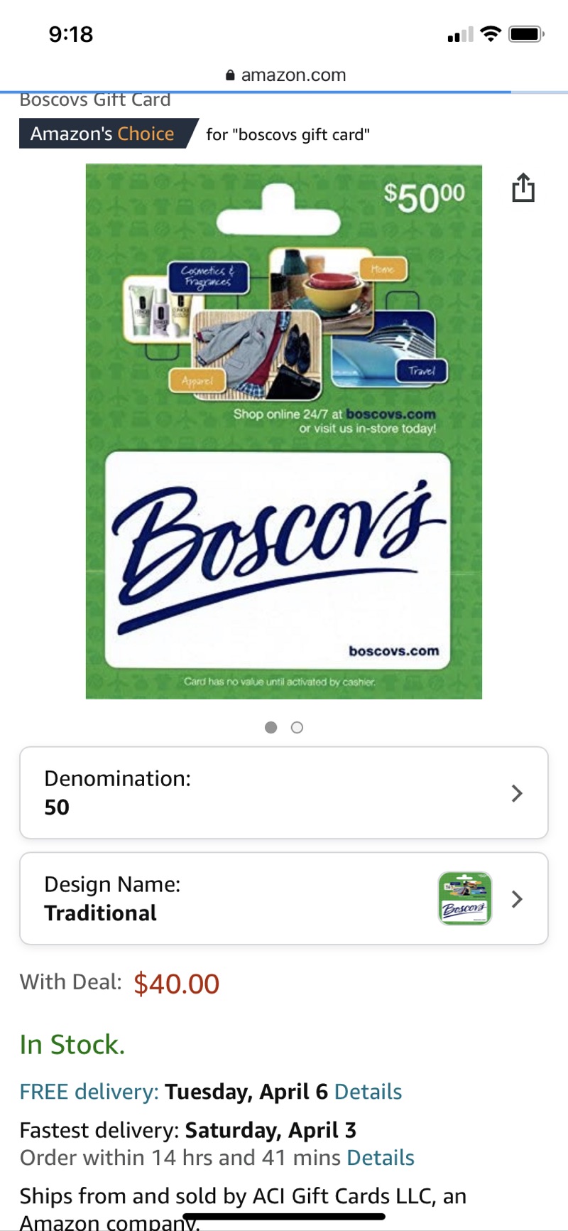 Amazon.com: Boscovs 价值50礼卡