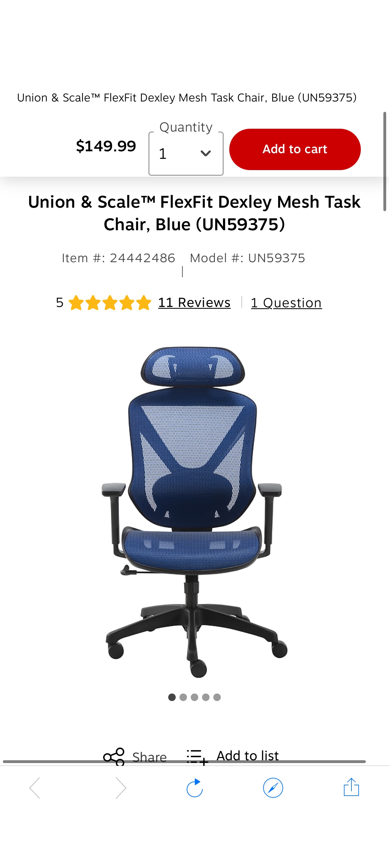 Union & Scale™ FlexFit电脑椅 Dexley Mesh Task Chair, Blue (UN59375) at Staples