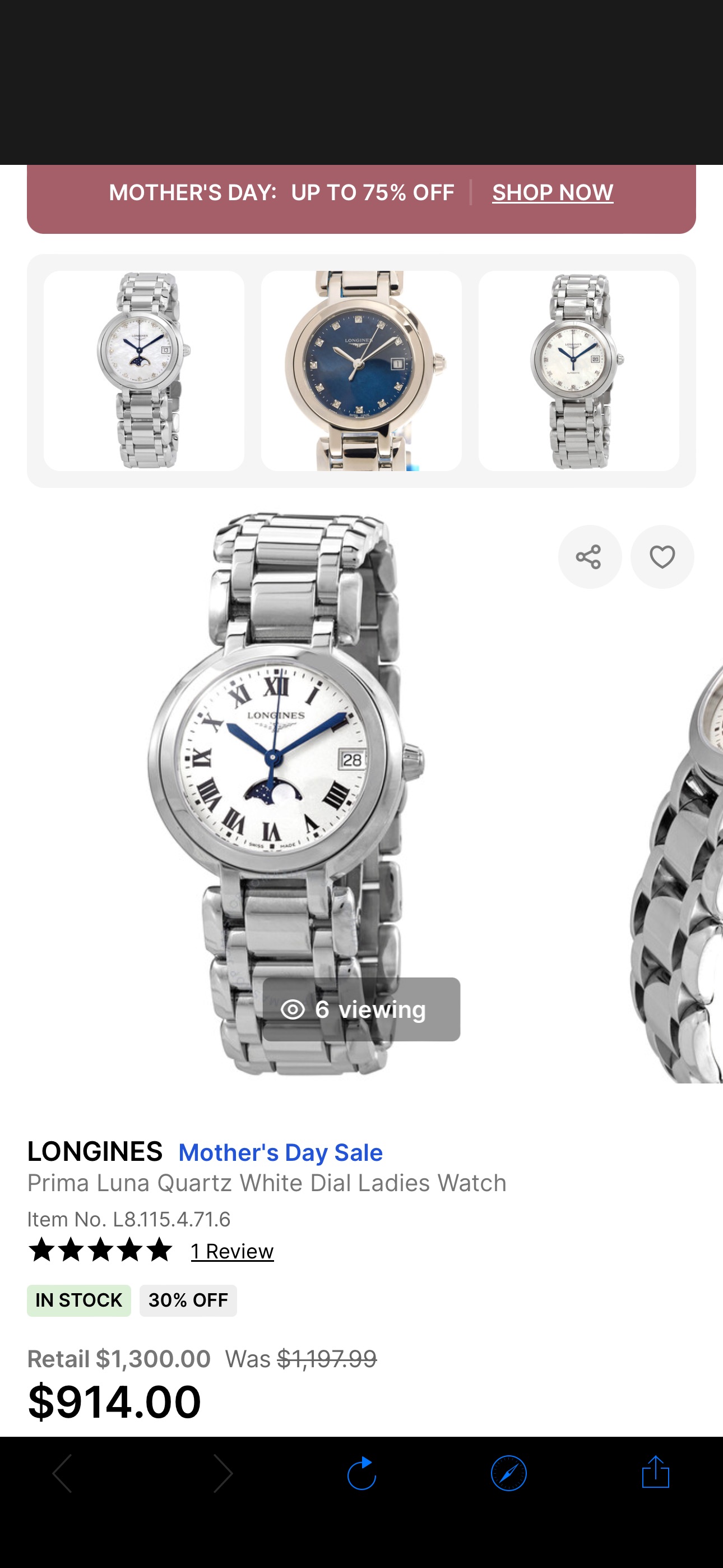 Longines Prima Luna Quartz White Dial Ladies Watch L8.115.4.71.6 703200206226 - Watches, Prima Luna - Jomashop