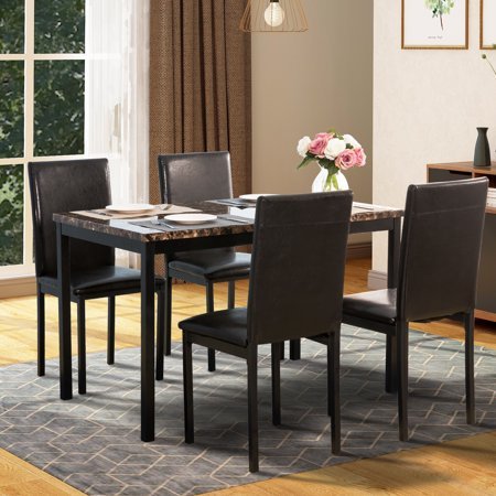 5-Piece Faux Marble and PU Leather Dining Set, Black