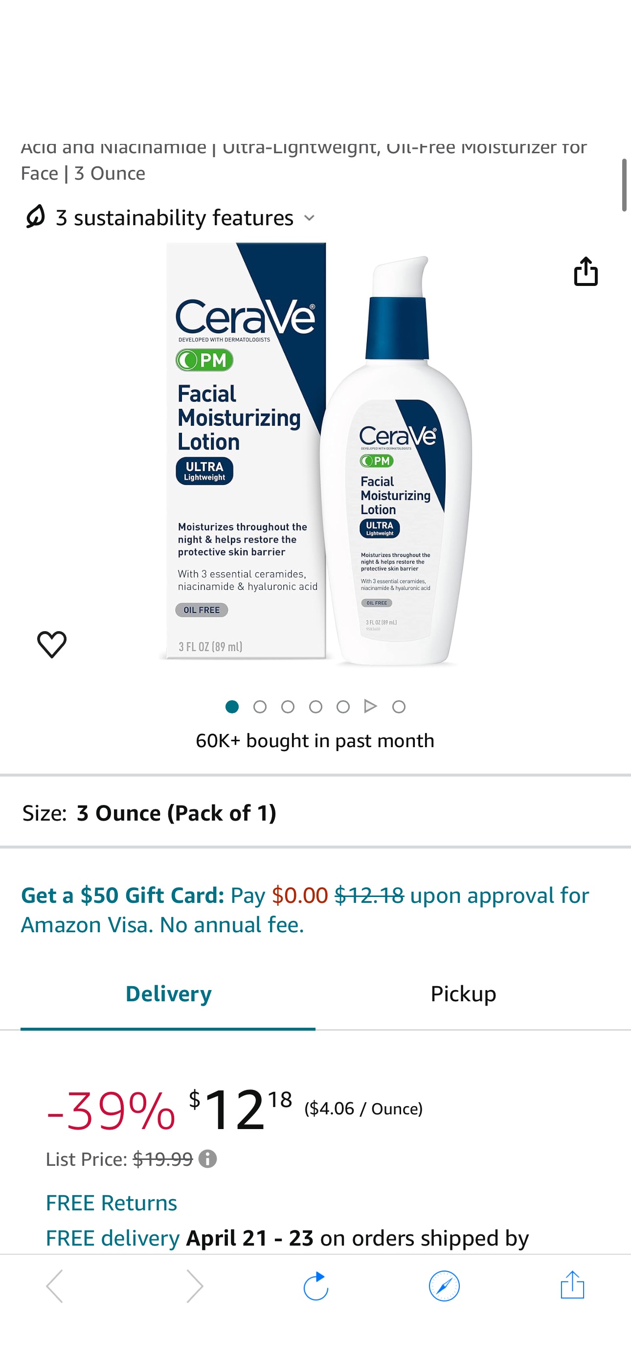 Amazon.com: CeraVe PM Facial Moisturizing Lotion | Night Cream with Hyaluronic Acid and Niacinamide | Ultra-Lightweight, Oil-Free Moisturizer for Face | 3 Ounce : Beauty & Personal Care