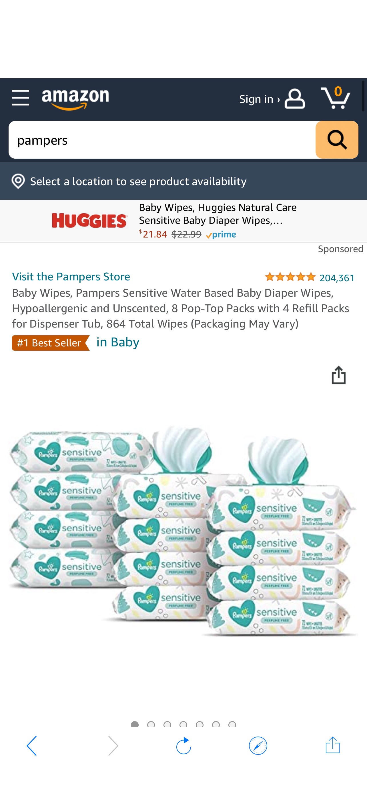 Pampers 敏感肌肤宝宝湿巾，无香型，864片