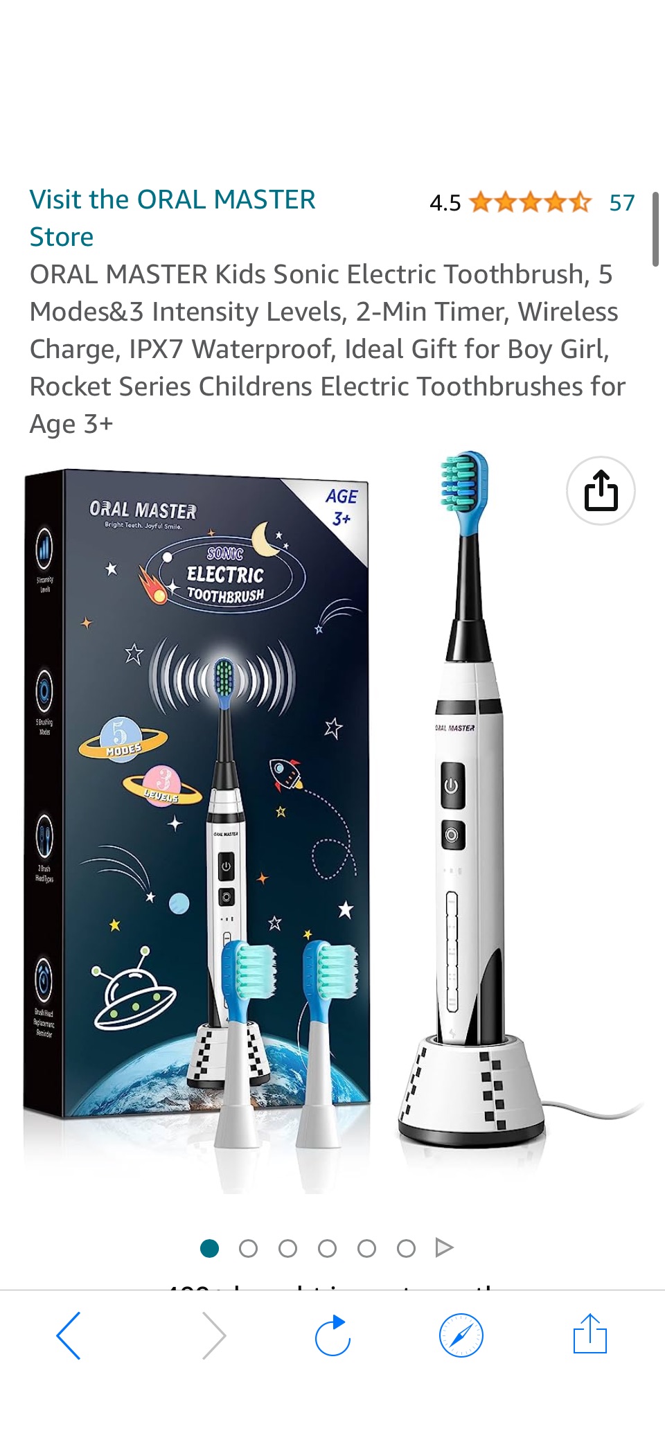 Amazon.com: ORAL MASTER Kids Sonic Electric Toothbrush, 5 Modes&3 Intensity Levels, 2-Min Timer, Wireless Charge, IPX7 Waterproof, Ideal Gift for原价28.99