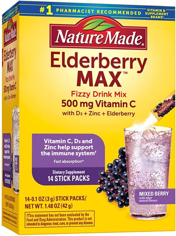 Nature Made Elderberry MAX Fizzy Drink Mix, Vitamin C, Vitamin D3, and Zinc Supplement for Immune Support, Fast Absorption, 14 Stick Packs