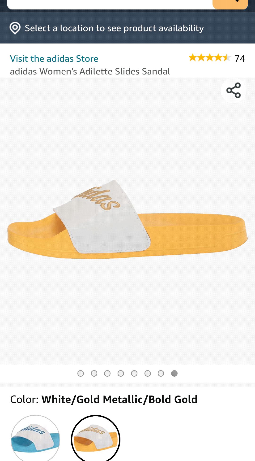 adidas 女士拖鞋Women's Adilette Slides Sandal, White/Gold Metallic/Bold Gold, 7 | Sport Sandals & Slides