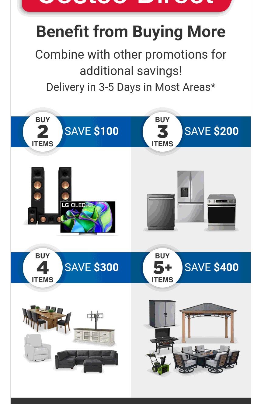 Costco Direct Items Buy 2 Save $100, Buy 3 Save $200, Buy 4 Items Save $300, Buy 5 or more Items, Save $400