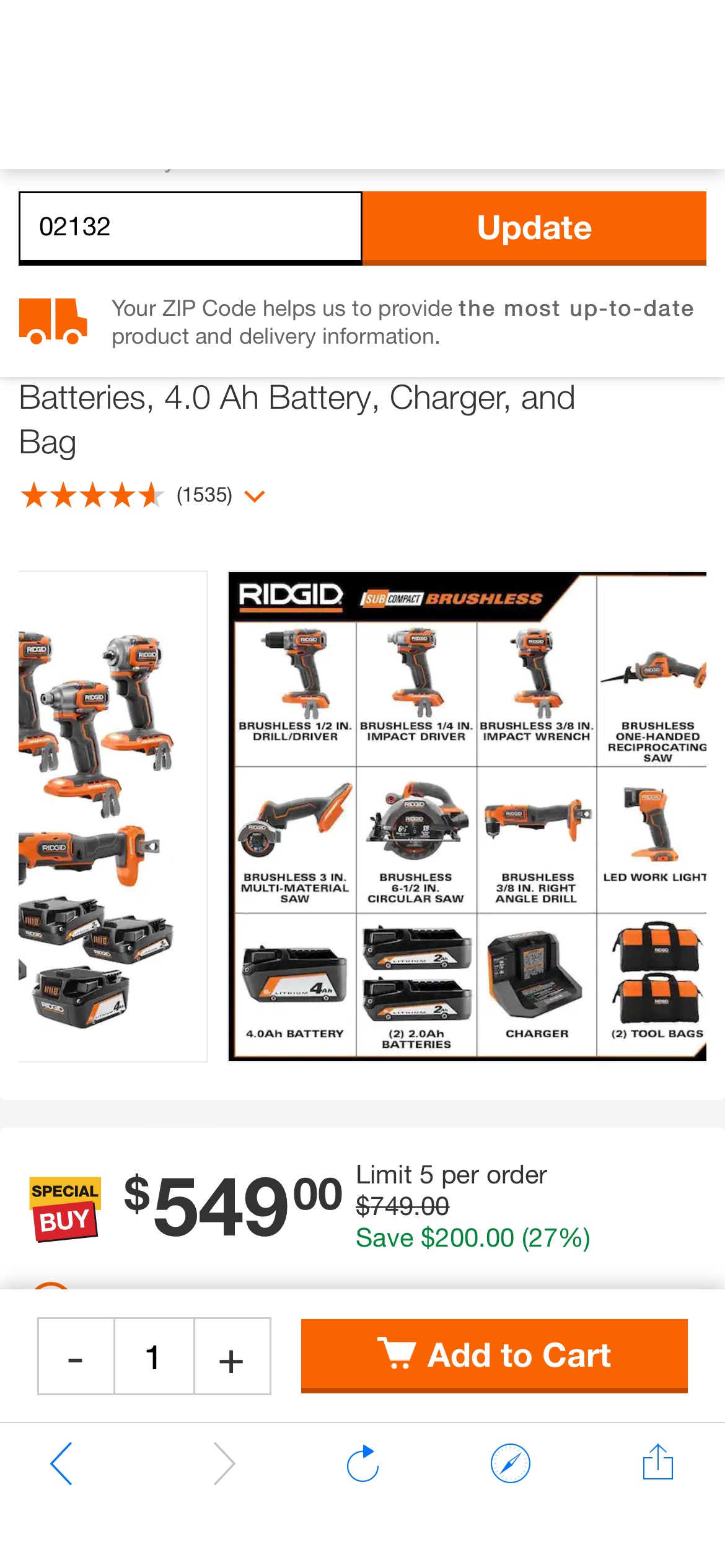 RIDGID 18V SubCompact Brushless Cordless 8-Tool Combo Kit with (2) 2.0 Ah Batteries, 4.0 Ah Battery, Charger, and Bag