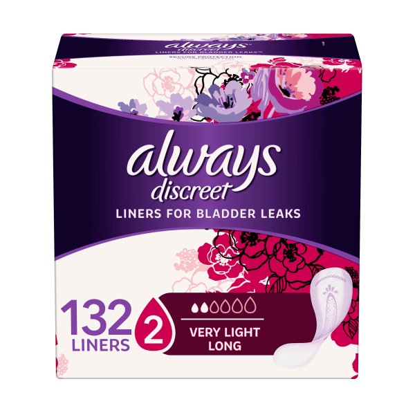 Always Discreet Incontinence Very Light Absorbency Liners, Long Length, 132 ct