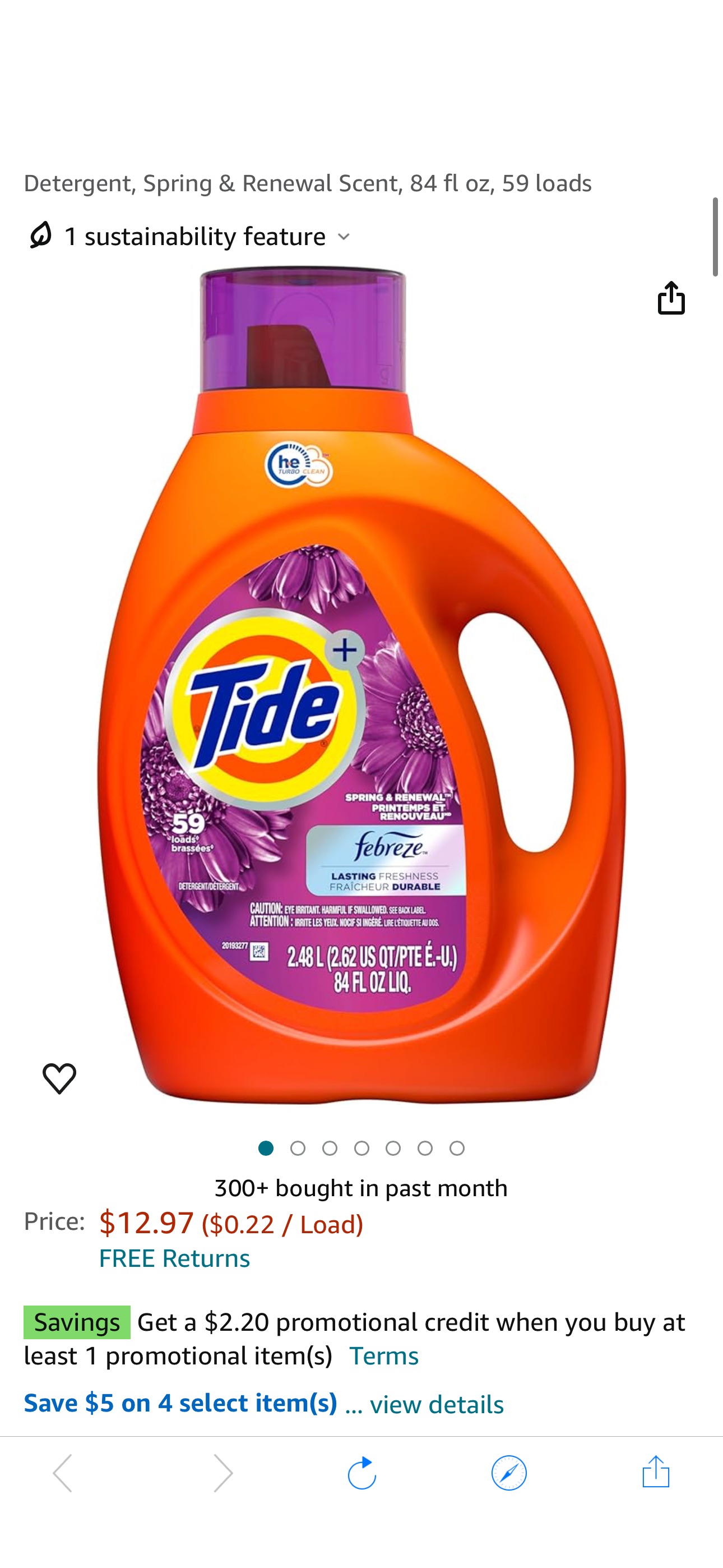 Amazon.com: Tide Plus Febreze Freshness HE Turbo Clean Liquid Laundry Detergent, Spring & Renewal Scent, 84 fl oz, 59 loads : Health & Household