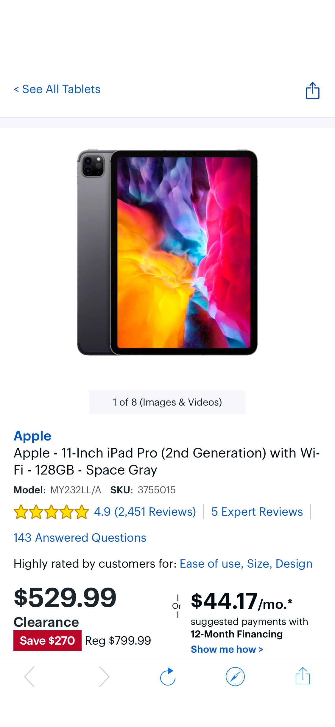 Apple 11-Inch iPad Pro (2nd Generation) with Wi-Fi 128GB Space Gray MY232LL/A - Best Buy平板
