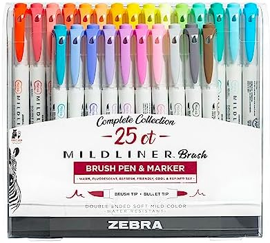 Amazon.com : Zebra Pen Mildliner Double Ended Brush Pen, Brush and Point Tips, Assorted Ink Colors, 25-Pack, Multicolor (79125) : Office Products
