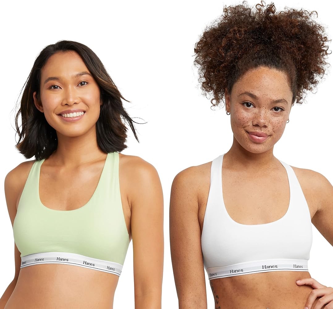 Hanes Women's Originals Racerback Bralette Pack, Breathable Stretch Cotton Bras, 2-Pack, White/Refreshing Green, Large at Amazon Women’s Clothing store