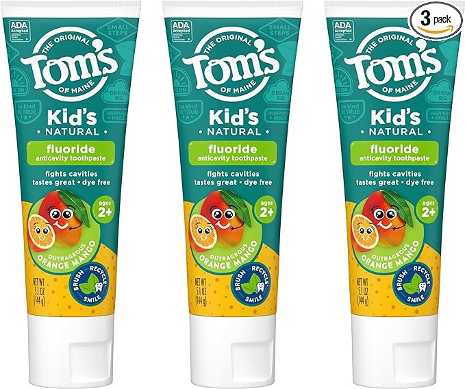 Amazon.com : Tom's of 缅因州 ADA 批准的含氟儿童牙膏，天然牙膏，不含染料，不含人工防腐剂，超棒橙芒果味，5.1 盎司 3 件装