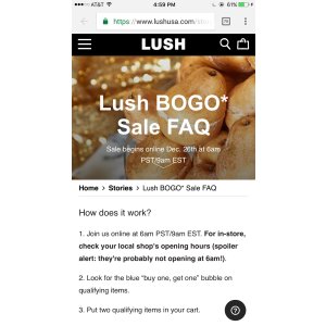 Lush  买一送一优惠 Lush BOGO* Sale FAQ—Lush Cosmetics | Lush Fresh Handmade Cosmetics US Lush 买一送一优惠