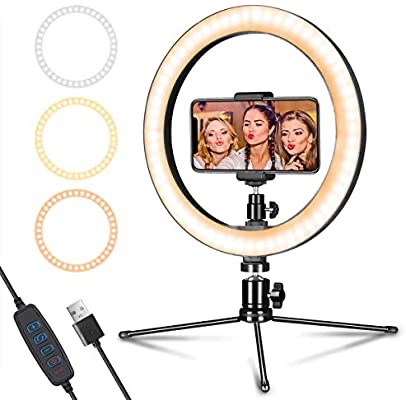 Amazon.com: LED环形灯10英寸，带三脚架和电话支架，可调光的桌面化妆环形灯用于摄影，使用3种光照模式和10种亮度级别进行拍摄