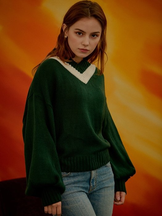 Iuw465 Ballon Sleeved V Neck Knit Green | W Concept