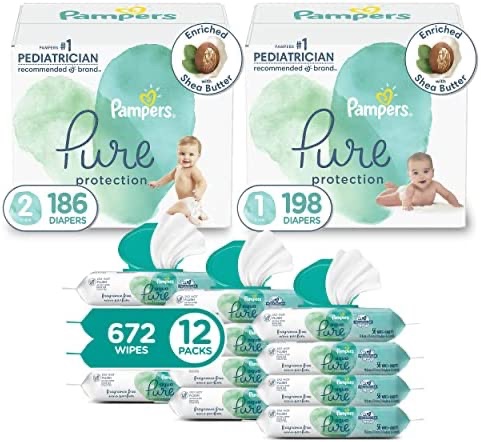 Amazon.com: Pampers Pure Protection Disposable Baby Diapers Starter Kit (2 Month Supply), Sizes 1 (198 Count) & 2 (186 Count) with Aqua Pure Sensitive Baby Wipes, 12X Pop-Top Packs (672 Count) : Baby