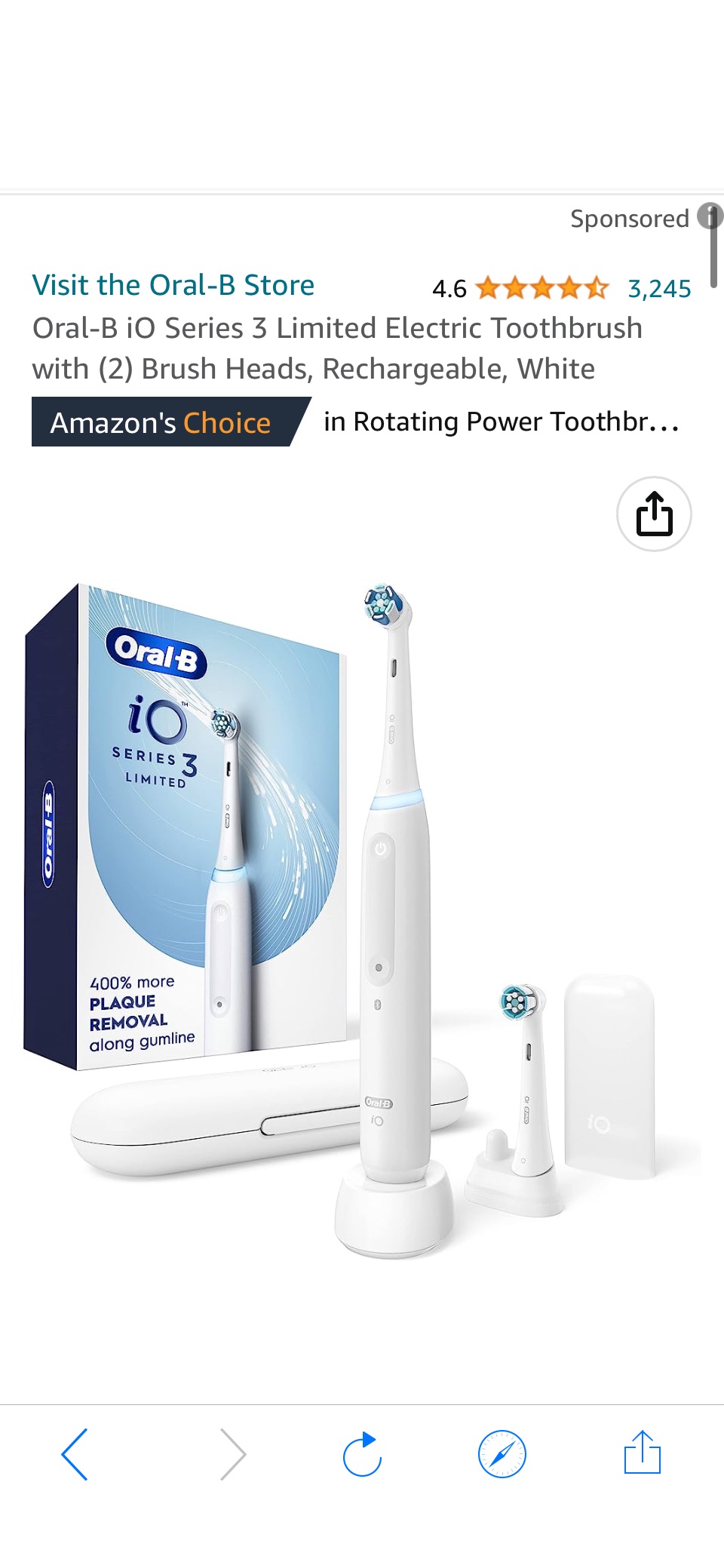 Amazon.com : Oral-B iO Series 3 Limited Electric Toothbrush with (2) Brush Heads, Rechargeable, White : Health & Household原价99.99