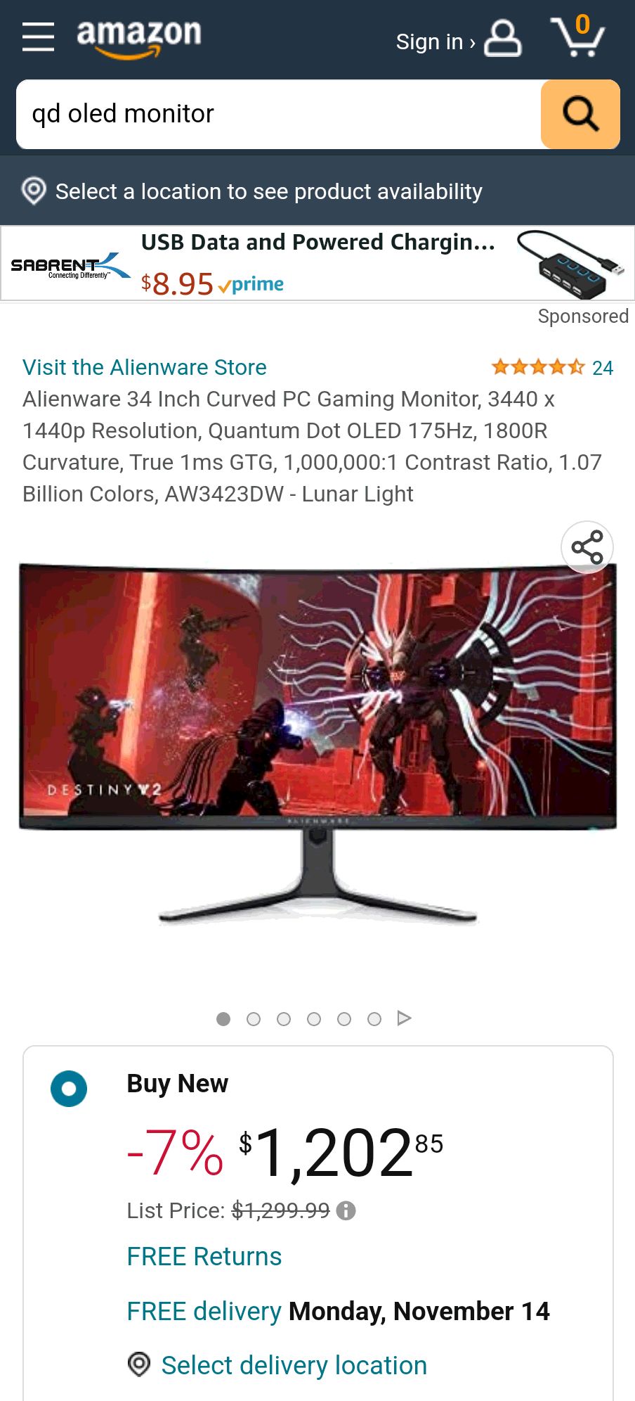 Alienware 34 Inch Curved PC Gaming Monitor, 3440 x 1440p Resolution, Quantum Dot OLED 175Hz, 1800R Curvature, True 1ms GTG, 1,000,000:1 Contrast Ratio, 1.07 Billion Colors, AW3423Dw