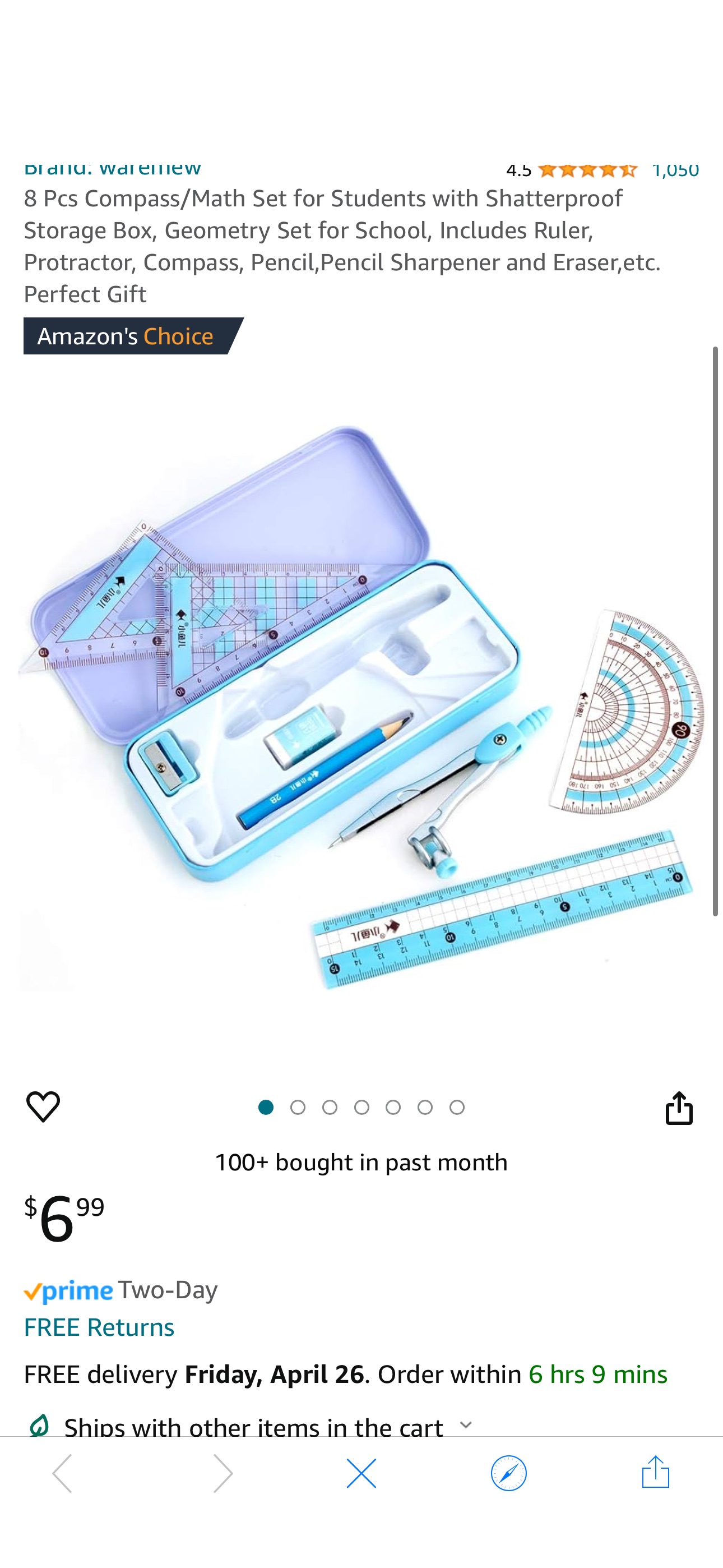 Amazon.com : waremew 8 Pcs Compass/Math Set for Students with Shatterproof Storage Box, Geometry Set for School, Includes Ruler, Protractor, Compass, Pencil,Pencil Sharpener and Eraser,etc. Perfect Gi